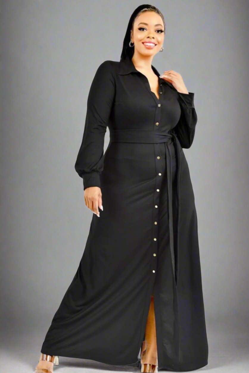 Juliana Black Long Sleeve Button Down Maxi Dress (Plus Size Only)
