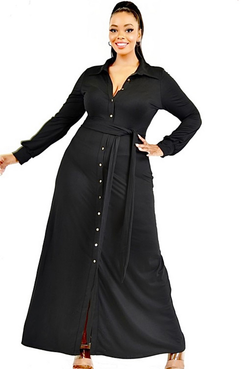 Juliana Black Long Sleeve Button Down Maxi Dress (Plus Size Only) 3X