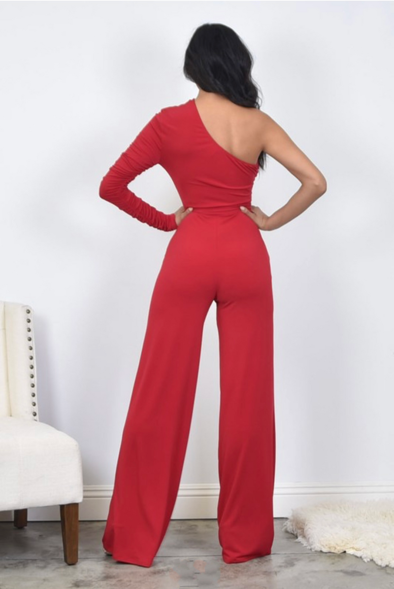 Red one shoulder jumpsuit sales