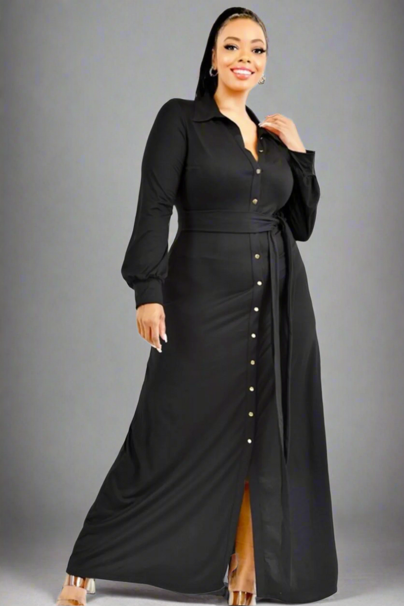 Juliana Black Long Sleeve Button Down Maxi Dress Plus Size Only